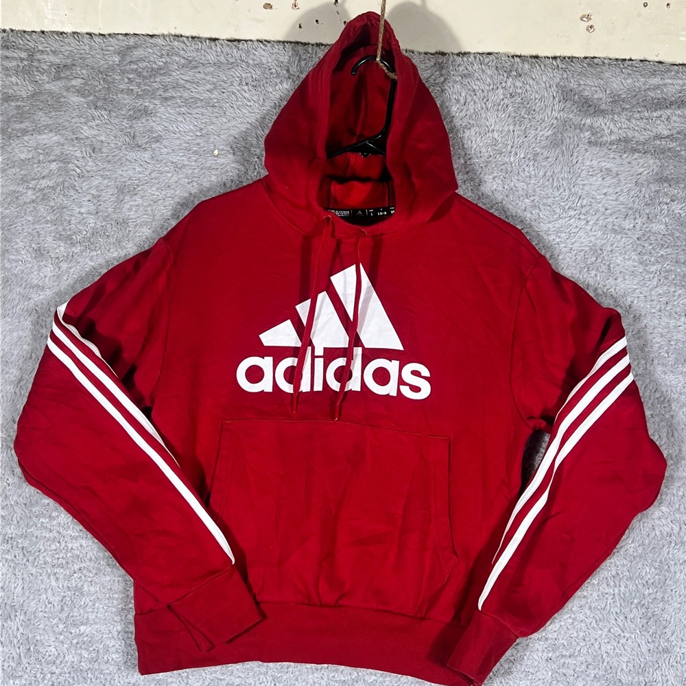 Adidas Hoodie Mens S Red Big Logo 3-Stripe Pullover Fleece Sweatshirt